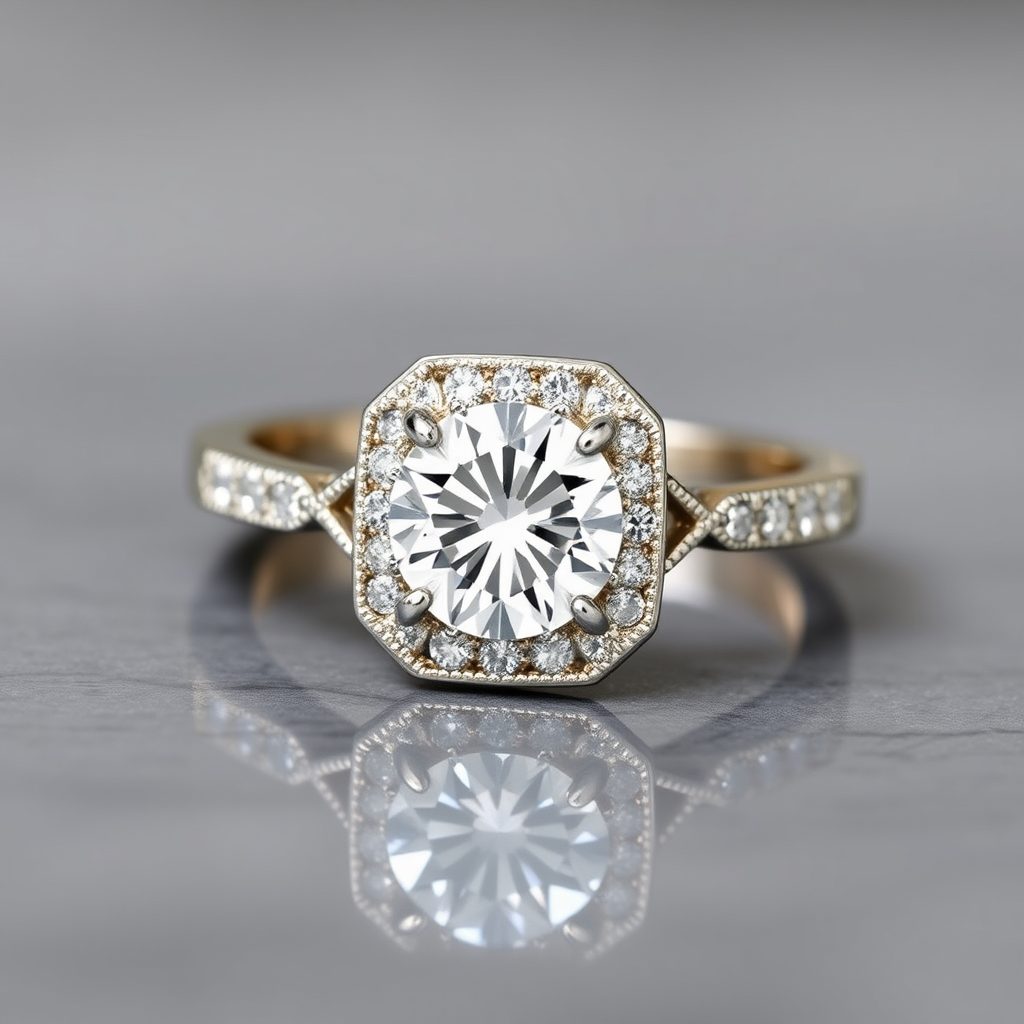 Round-brilliant solitaire, cushion-halo, 18ct two-tone shank.