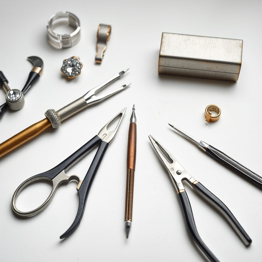 The Little Gem workshop bench in Sevenoaks: jeweller's pliers, ring stretcher, hand-tools and a setting in progress.